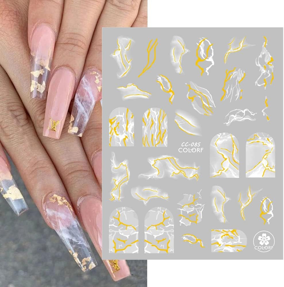 9 Blatt Nagelsticker Französischer Spitzenmarmor Nagelaufkleber Selbstklebend Weißes Gold Nail Art Sticker Dekoration Nageldesign Zubehör