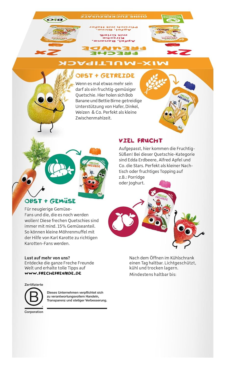 FRECHE FREUNDE Mezcla orgánica en bolsa exprimible multipack - Frutas + Cereales, Puré de frutas con cereales en bolsa exprimible para bebés a partir de 6 meses, vegano, paquete de 3, 3 x (4 x 100 g)