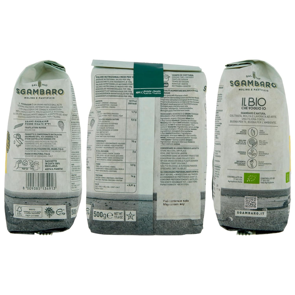 Pasta Penne Rigate Bio N.91 - 500g de Trigo Khorasan - Trigo antiguo, rico en proteínas, 100% cultivado en Italia - Versátil en la cocina y rico en nutrientes