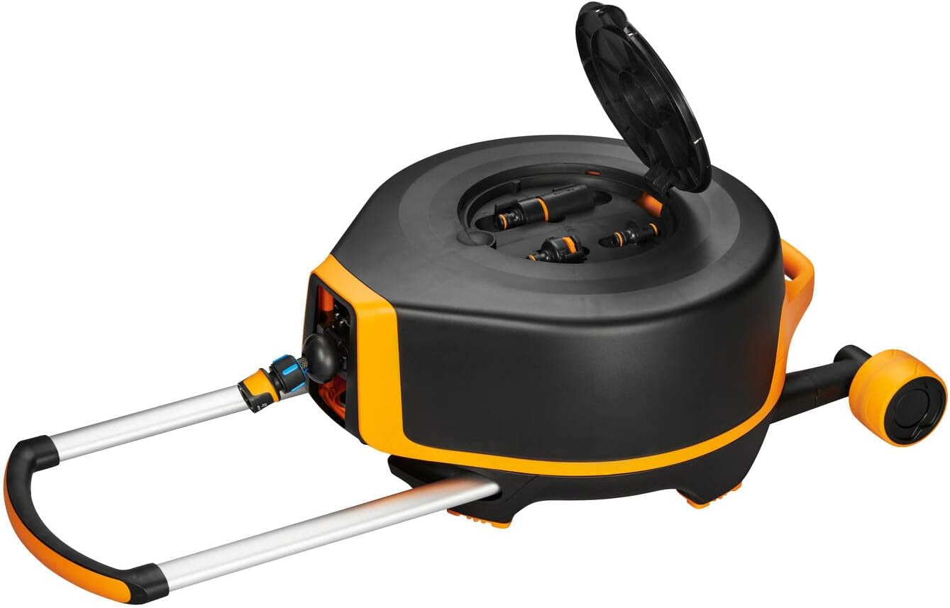 Fiskars Waterwheel XL, Set de udare all-inclusive, Rază totală de acțiune de 25 m, Retragere automată, Furtun de grădină universal (Ø 13 mm), Conector universal pentru robinet, Negru/Portocaliu, Seria X, 1067549