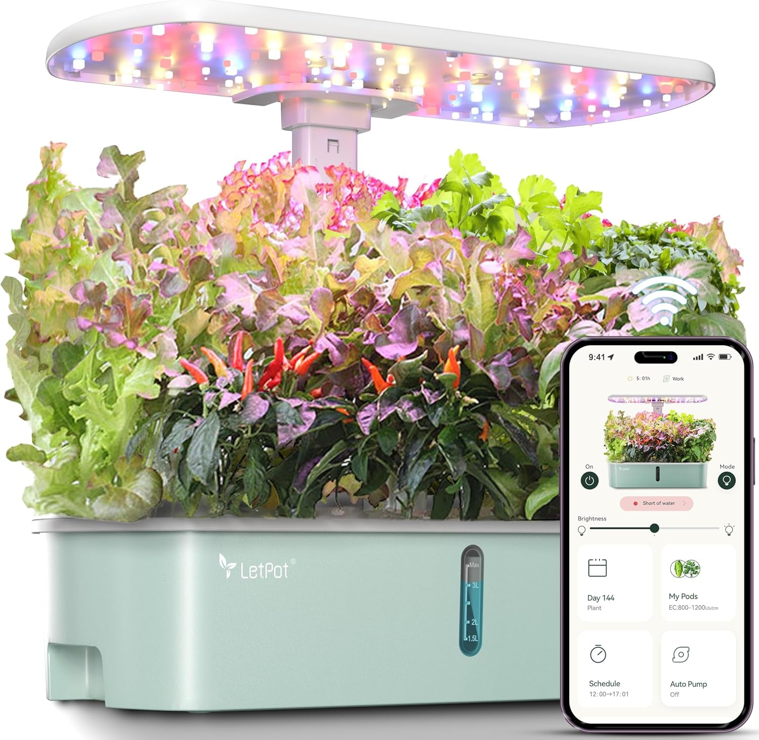 LPH-SE Sistema de cultivo hidropónico WiFi, kit de jardín de hierbas inteligente para interiores con 12 macetas, jardín interior con luz de cultivo LED de 24 W, tanque de agua de 5,5 L, sistema de bombeo, temporizador automático