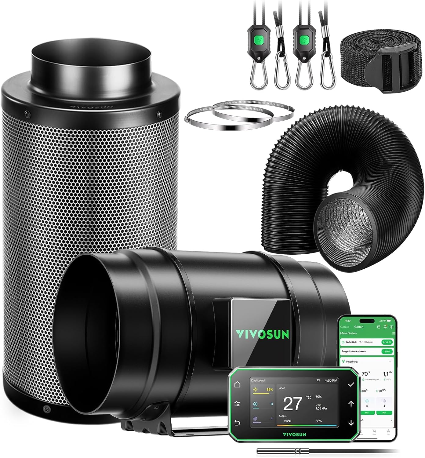 VIVOSUN Kit de ventilador/escape en línea inteligente AeroZesh G4 de 100 mm con GrowHub E42A+, controlador de temperatura y humedad, control remoto WiFi/aplicación, filtro de carbón activado y manguera para tiendas de cultivo e hidroponía