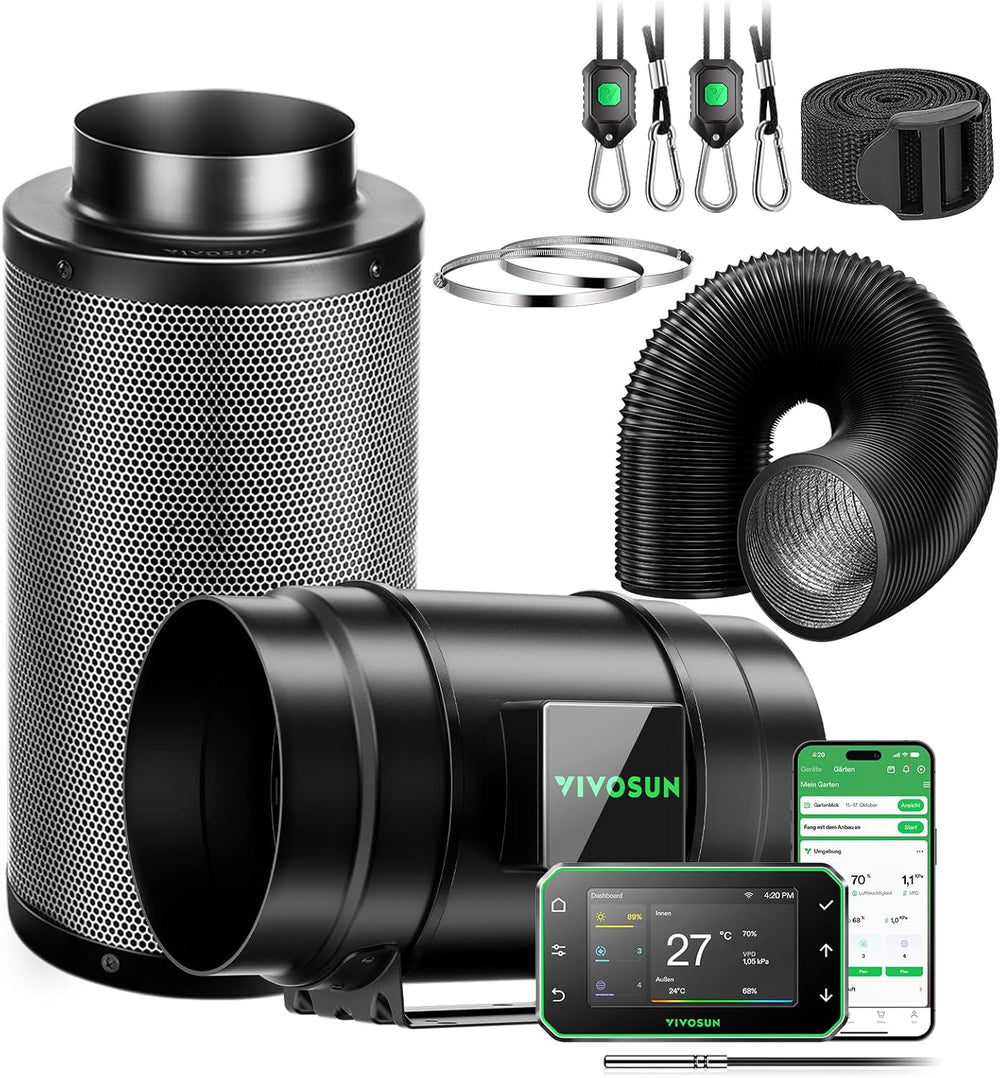 VIVOSUN Kit de ventilador/escape en línea inteligente AeroZesh G4 de 100 mm con GrowHub E42A+, controlador de temperatura y humedad, control remoto WiFi/aplicación, filtro de carbón activado y manguera para tiendas de cultivo e hidroponía