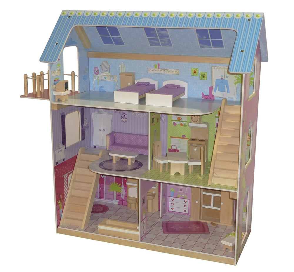 Casă de păpuși Roba, vilă de păpuși cu mobilier și păpuși, jucărie pentru fete, lemn natural Casute de papusi Naty Shop Pastel