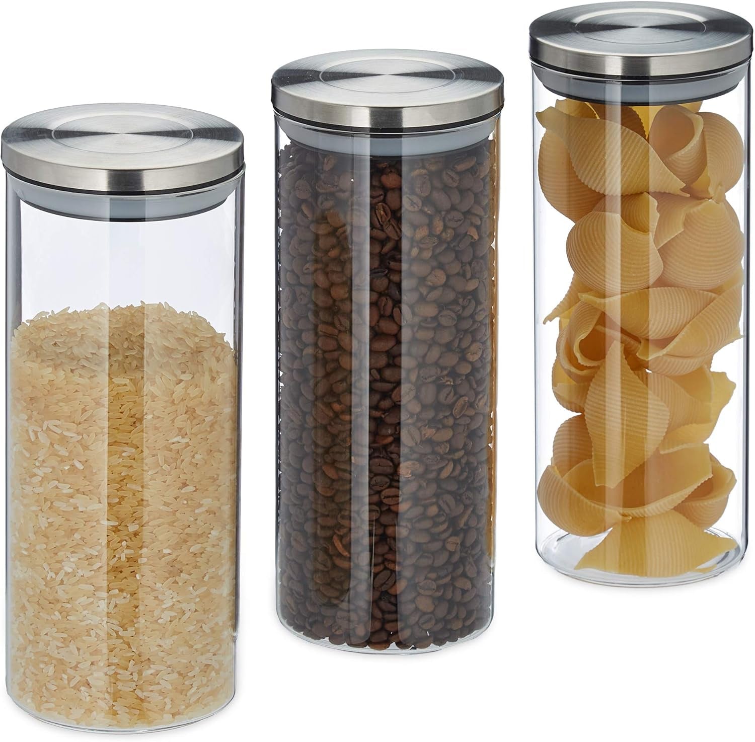 Jar de depozitare Relaxdays set de 3, etanș, capac din oțel inoxidabil, pentru paste, muesli și orez, recipient de bucătărie de 1,5 litri, transparent argintiu, 24 x 9,5 x 9,5 cm, transparent argintiu Cutii depozitare alimente Naty Shop Titlu implicit