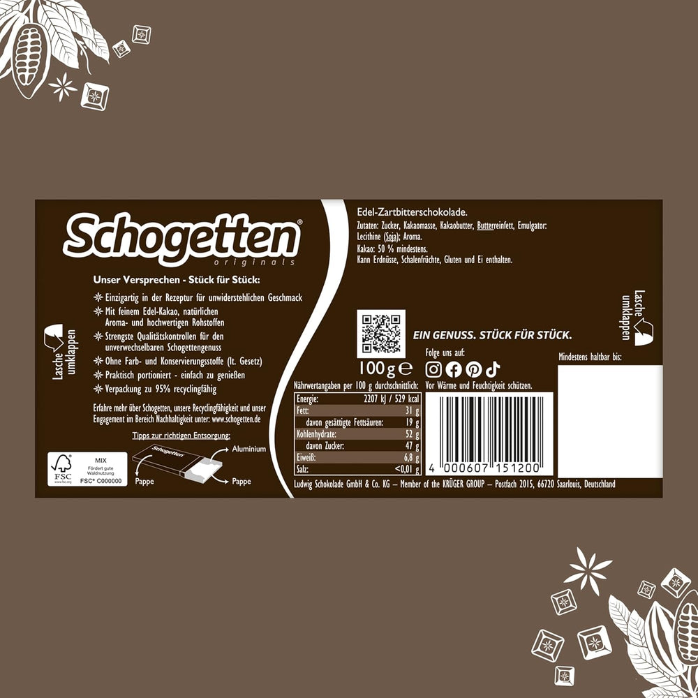 Chocolate negro Schogetten (50% cacao), 100 g