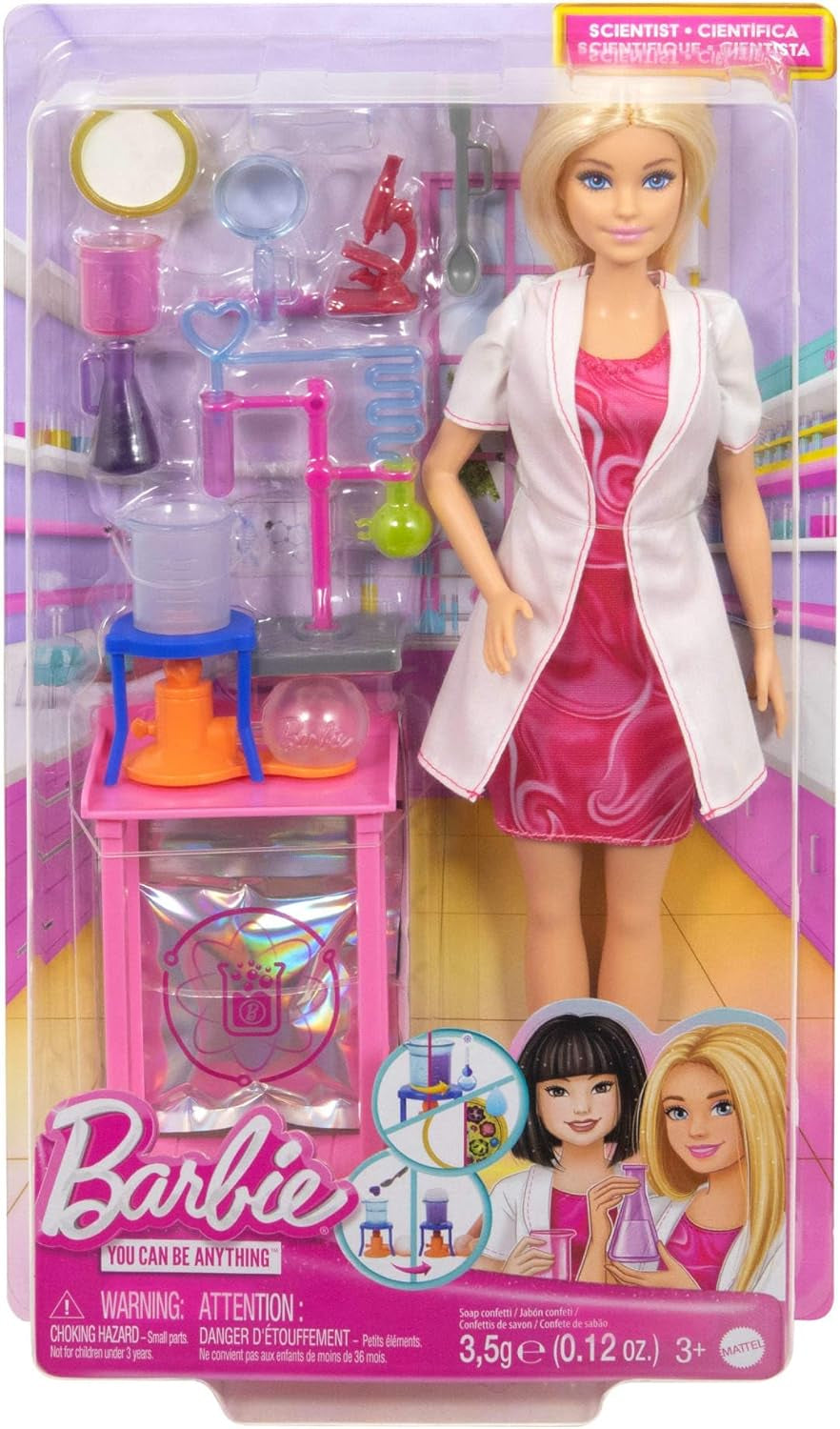Muñeca Barbie Científica y Accesorios con Muñeca Rubia de Moda, Mesa de Laboratorio, Microscopio, Cajero que Cambia de Color y Placa de Petri, JCR70 Naty Shop Dolls