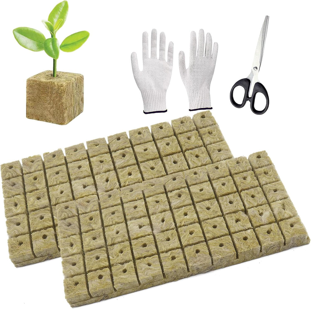 50 Piezas Estera de Cultivo de Lana Mineral, Cubo de Lana Mineral, Aislamiento de Lana Mineral, Estera de Cultivo de Lana Mineral con Tijeras y Guantes para Cultivo sin Suelo, Hidroponía y Trasplante