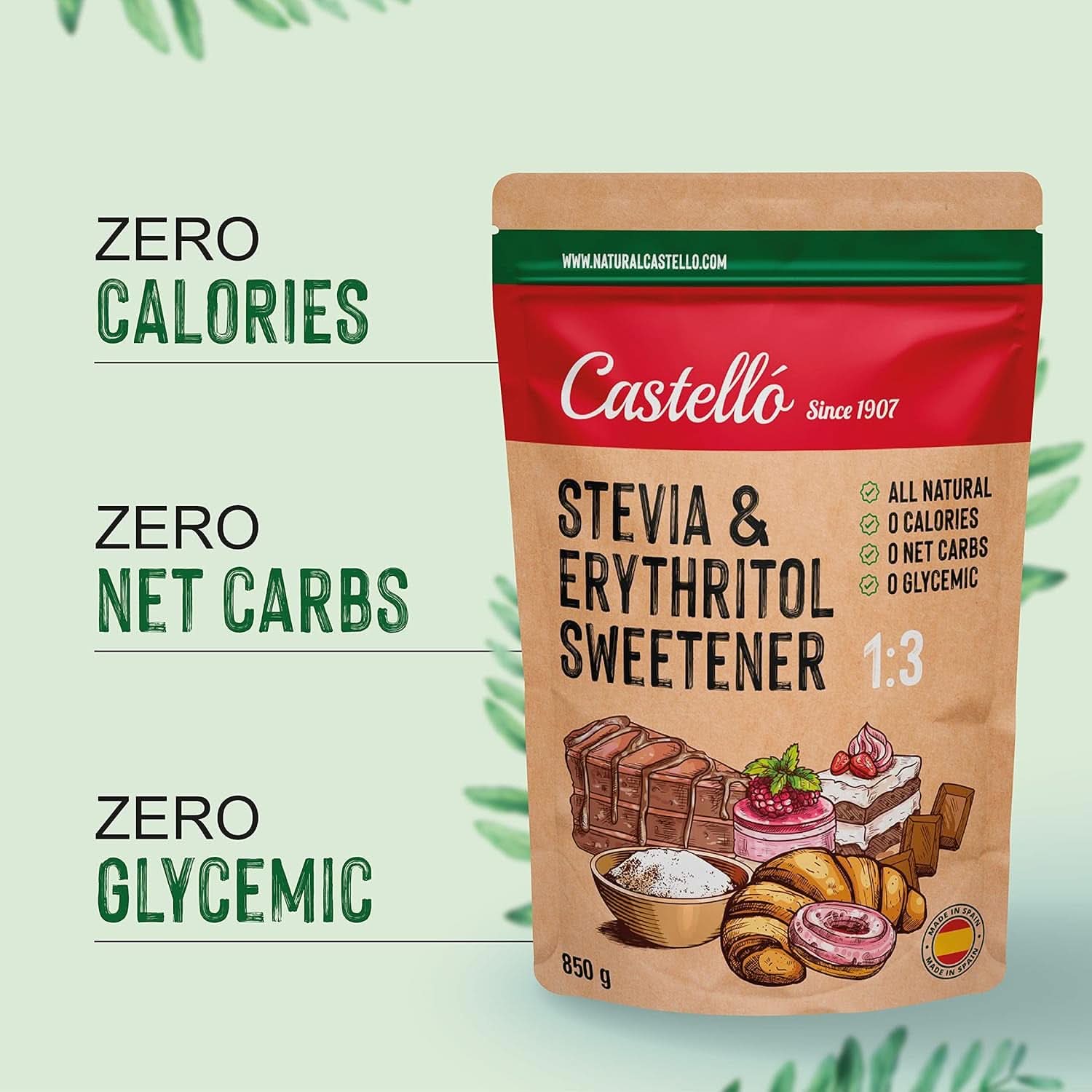 Stevia + Eritritol Edulcorante 1:3, 1G = 3G Azúcar, 850 gramos Edulcorantes Naty Shop