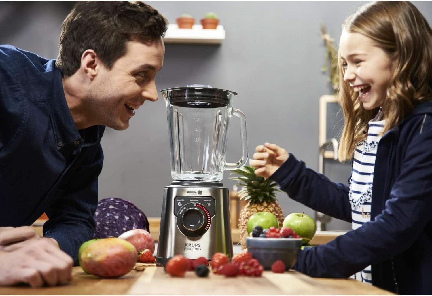 Krups KB403D Perfectmix + batidora de pie Hochleistungs | 1.200W | 28.000 RPM | Portavasos de cristal de 2 litros | 3 programas preestablecidos | Powelix-Technologie | Edelstahl/Dunkelgrau Cocina Naty Shop