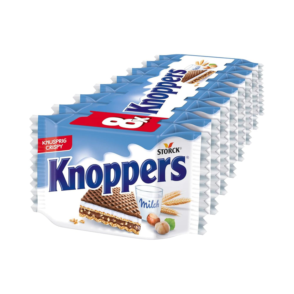 Knoppers blancos y negros – 8 x 25 g – Lonchas de barquillo rellenas de barquillos de cacao oscuro, trozos de galleta negra, leche y crema de turrón
