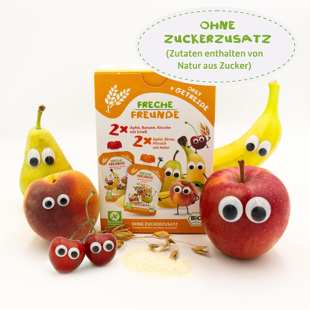 FRECHE FREUNDE Mezcla orgánica en bolsa exprimible multipack - Frutas + Cereales, Puré de frutas con cereales en bolsa exprimible para bebés a partir de 6 meses, vegano, paquete de 3, 3 x (4 x 100 g)