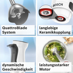 Bosch Stabmixer Ergomaster Serie 4 MSM4W210, Einhändig Bedienbar, Edelstahl-Klingen, Verschleißfreie Keramik-Kupplung, Mixbecher, Quattroblade, Antisplash Funktion, Einschaltsperre, 600 W, Weiß Mama si Copilul Naty Shop