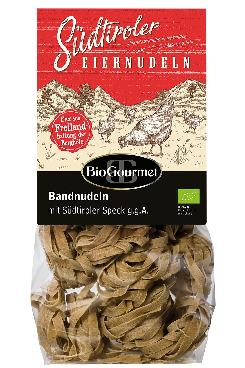 Fideos de cinta BioGourmet con Schüttelbrot del Tirol del Sur (IGP) | Fideos al huevo salados y aromatizados con auténtico speck del Tirol del Sur | 1 x 250g Bio