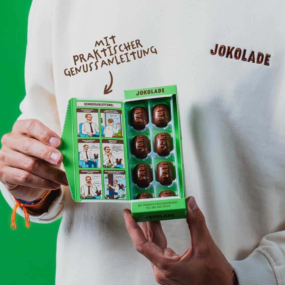 JOKOLADE PRALINÉ Caja 80g | Relleno generoso de crema de turrón de avellanas y chips | Chocolate de comercio justo de Joko Winterscheidt