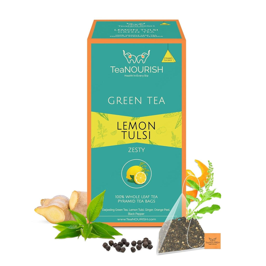 Teanourish Ghimbir Tulsi Ceai verde | 20 pliculețe de ceai piramidale | Darjeeling frunze întregi | Superalimente indiene Ghimbir, Tulsi &amp; Lemn dulce | Ameliorează stresul și favorizează digestia