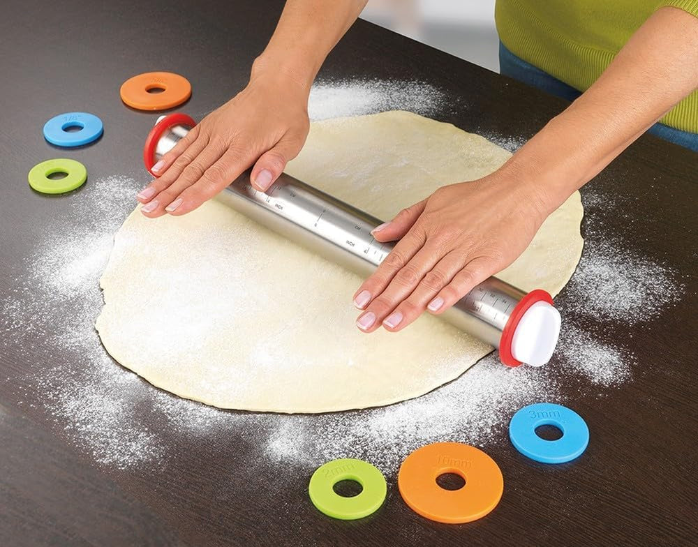 Maximex Teigrolle mit Abstandhalter EDELSTAHL - Edelstahl-Ausroller mit aufsteckbaren Abstandsscheiben, Edelstahl rostfrei, 4,5-6,5 x 43 x 4,5-6,5 cm, Plata mate