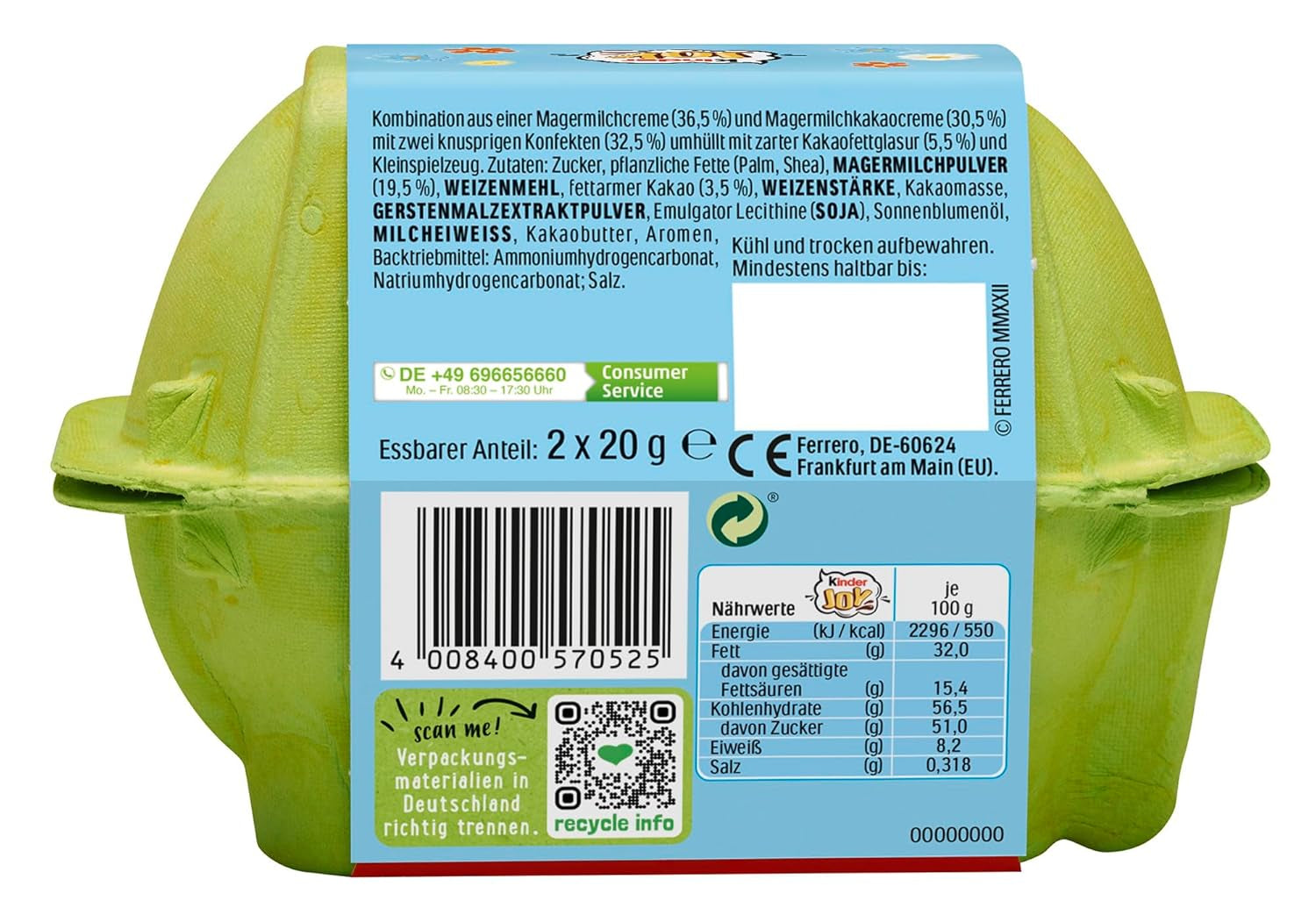 Kinder Joy pack de 2 - La mitad con deliciosa crema de leche y cacao y bolitas crujientes, y la otra mitad con una gran sorpresa - Chocolate de Pascua, dulces de Pascua - Regalo de Pascua - 40g