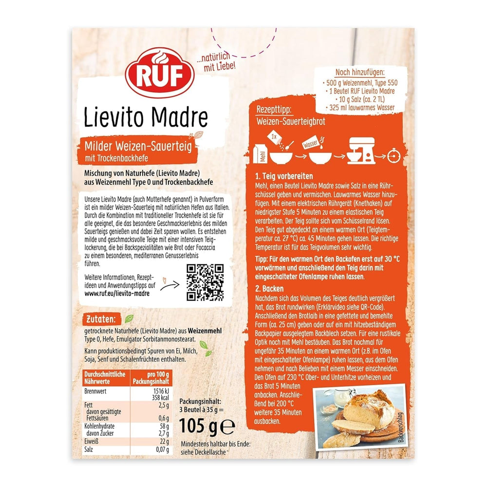 RUF Lievito Madre Sauerteig, Milder Weizen-Sauerteig, Mutterteig, Kurze Teigruhe Durch Enthaltene Trockenhefe, Lievito Madre Getrocknet Für Brot, Baguette, Focaccia, 3X35G Mezcla para hornear y cocinar Naty Shop