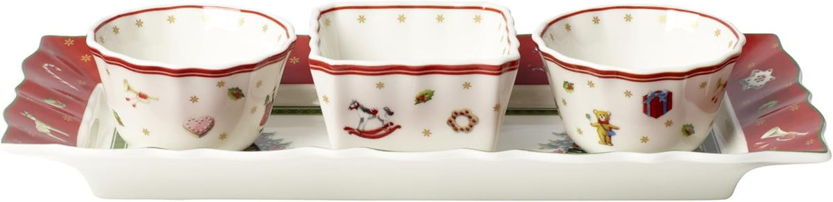 Villeroy & Boch - Set de sosuri Toy's Delight, 4 piese, Platou de servire cu boluri, Set de boluri pentru sos de Crăciun, Decorațiune de masă cu jucării, Tavă de servire, Boluri, Veselă de Crăciun, Porțelan Premium