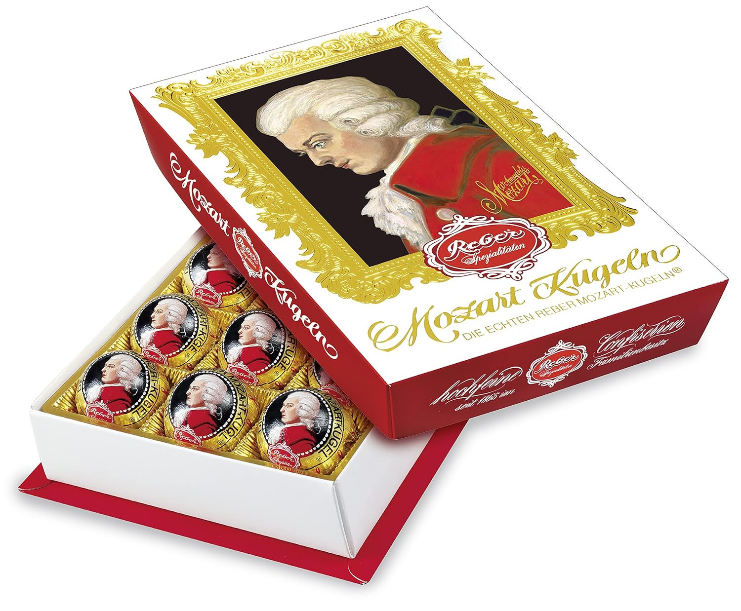 Reber Bolitas Mozart con chocolate negro, pack de 6 con mazapán y turrón, vegano - 1 x 120 g