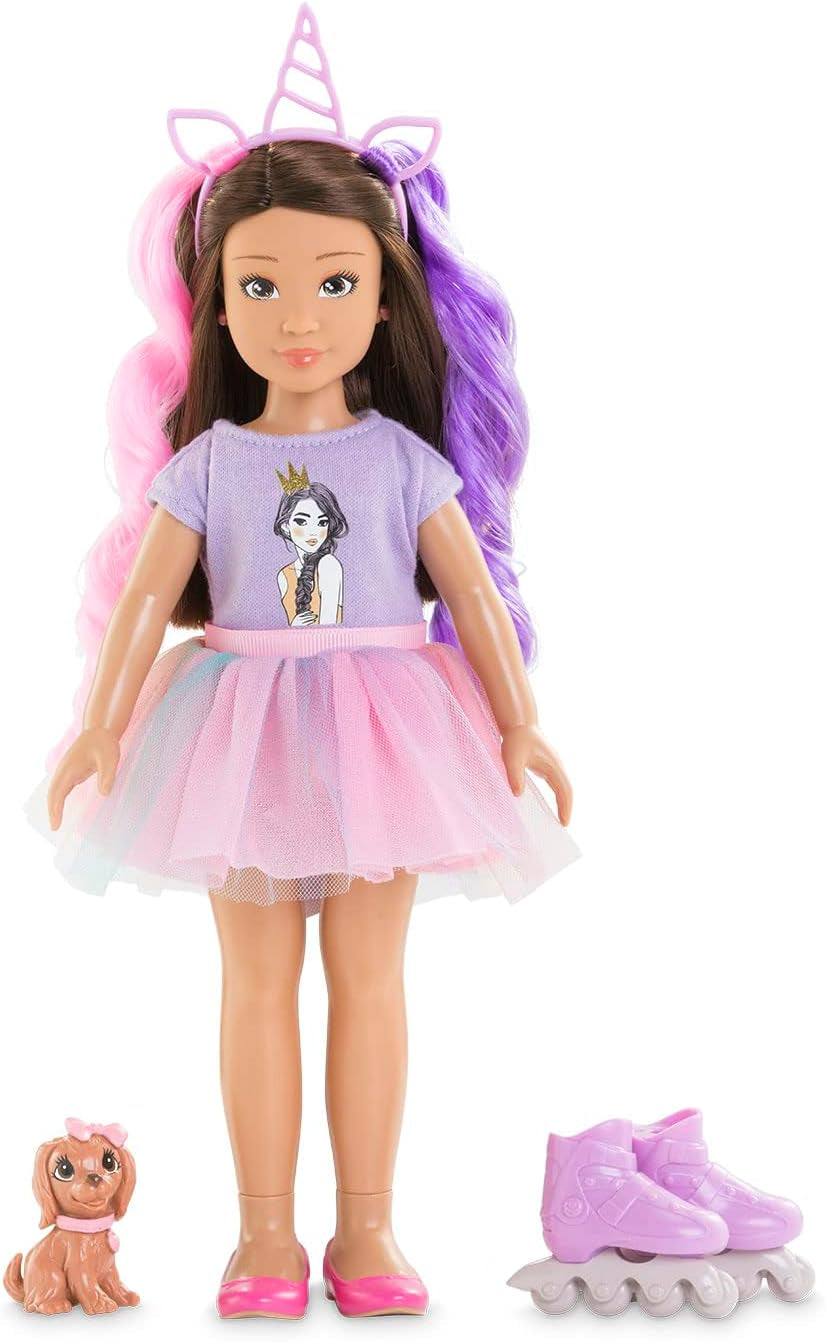 Corolle 9000600030 - Conjunto Luna Einhorn para niña, puppe de tobillo en traje de verano con perro, cinta para el pelo, anillos y gomas extra, puppe de 28 cm con Vanilleduft, de 4 años