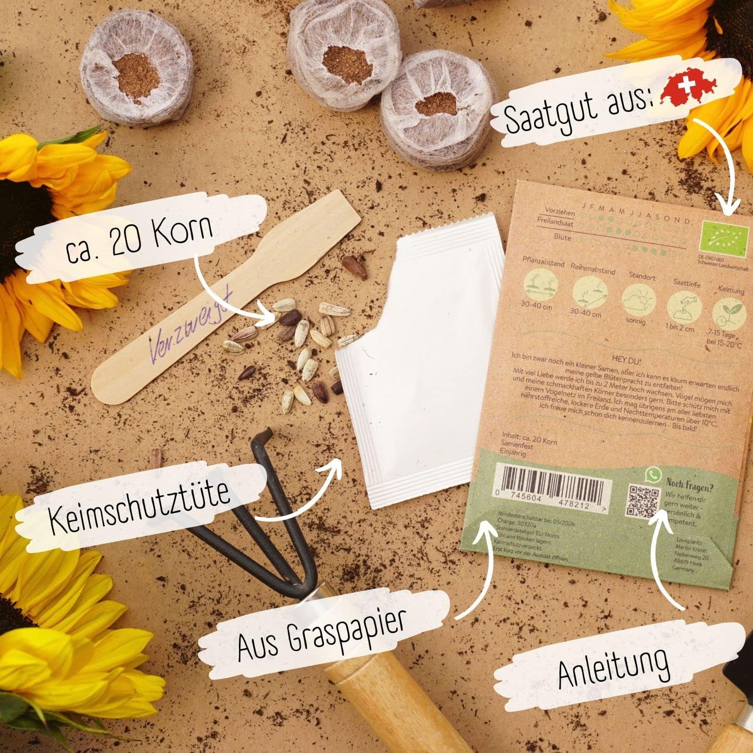 Pipas de girasol ecológicas, ramificadas, 20 pipas de girasol con alta tasa de germinación, pipas de girasol para jardín, balcón, parterre o regalo para invitados. Semillas de flores de polinización libre.