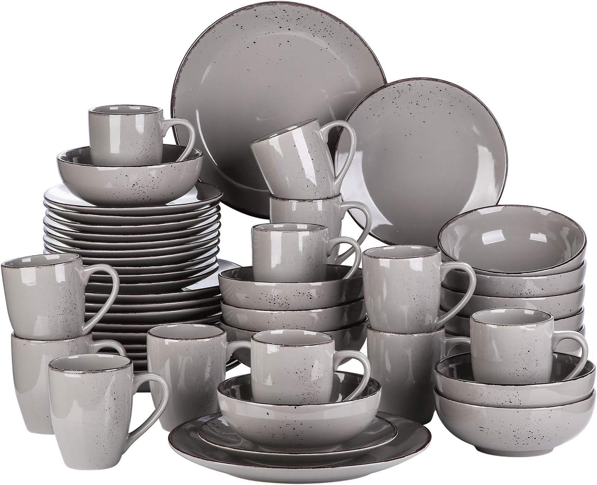 Set de veselă Vancasso pentru 12 persoane, set de veselă din gresie Navia, set combinat de 48 de piese cu farfurii, farfurii pentru salată, boluri și cești, aspect vintage, design natural
