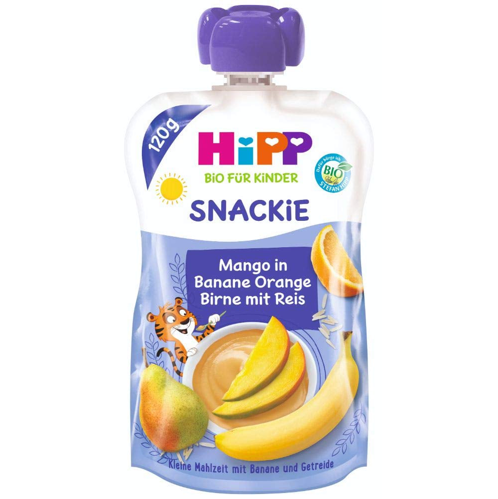 Bolsas Hipp squeeze, fruta 100% orgánica sin azúcares añadidos, 6 X 120 gramos Madre e Hijo Naty Shop 6 x 120 gramos Mango, plátano y arroz