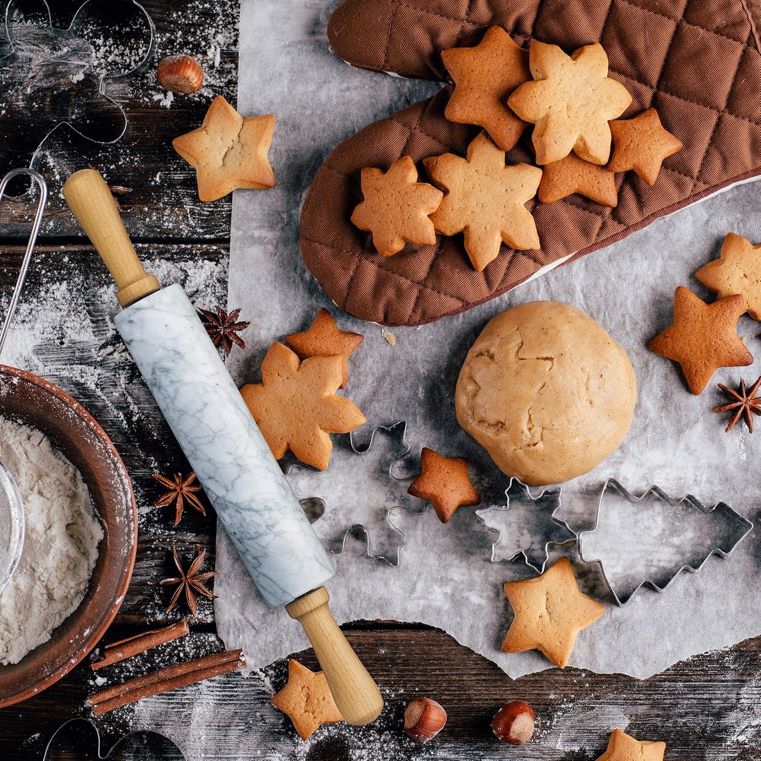 Relaxdays Nudelholz Marmor, Griffe aus Holz, Teigroller zum Kochen & Backen, mit Ablage, 48 cm, schwere Backrolle, blanco