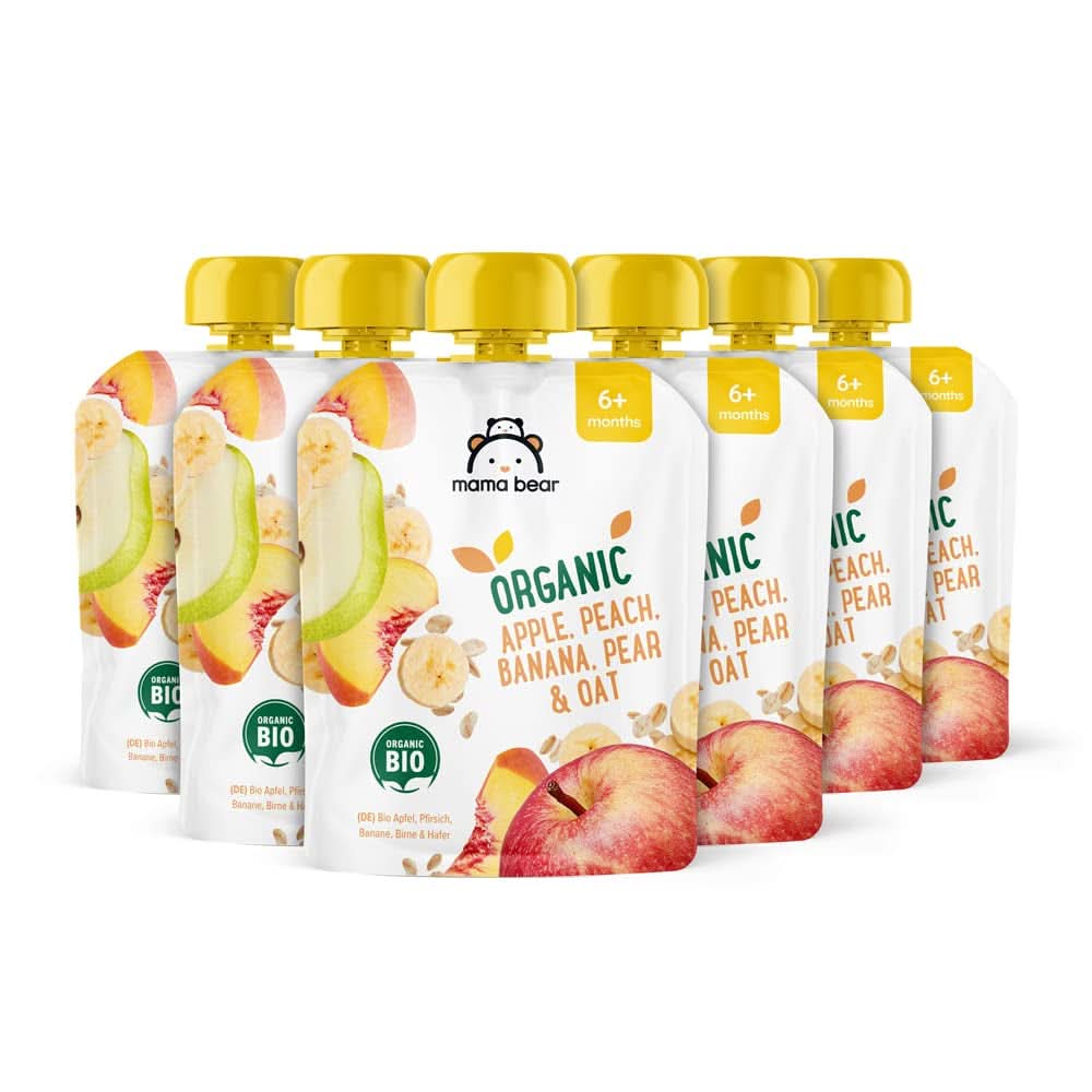 Mama Bear, puré orgánico de diferentes frutas, set 6 x 90 gramos Madre e Hijo Naty Shop 6 x 90 gramos Manzanas, duraznos, plátanos, peras y avena