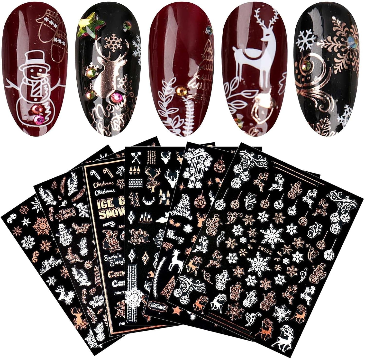 9 Blatt Nagelsticker Weihnachten Nagelaufkleber Selbstklebend Weiß Rentier Schneemann Nail Art Sticker Dekoration Nageldesign Zubehör