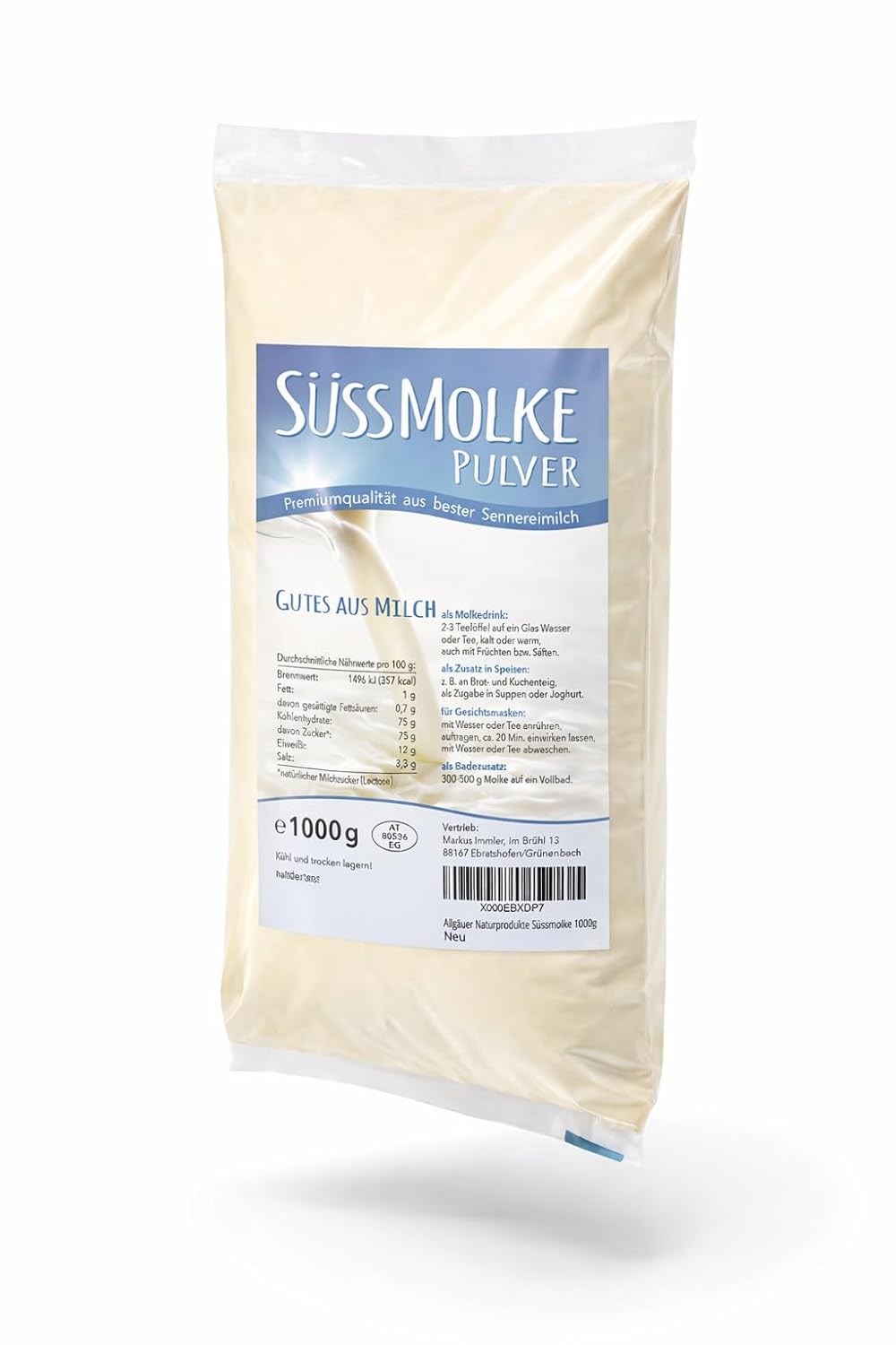 Allgauer Naturprodukte Suero Dulce en Polvo 1000 g - Versátil para Bebidas