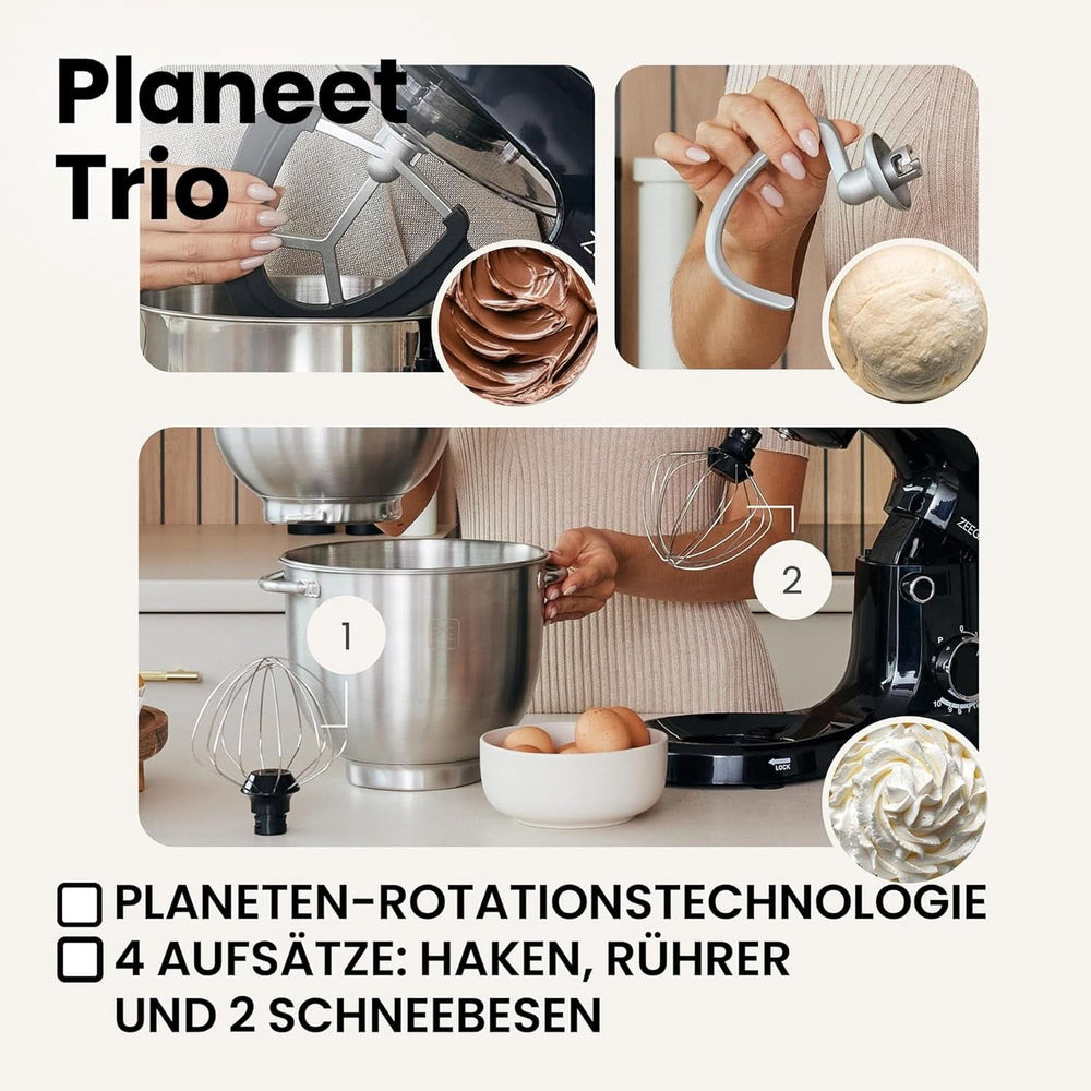 ZEEGMA PLANEET TRIO Planetenroboter, 1500 W, Multifunktionale Küchenmaschine Mit 3 Schüsseln 4 L, 4,5 L Und 5,2 L, 10 Betriebsgeschwindigkeiten, Mixer Mit Haken, Schneebesen (Schwarz) Mother and Child Naty Shop
