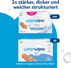 WaterWipes Sensitive+ Toallitas húmedas para recién nacidos y bebés, 720 unidades (paquete de 12), limpieza, cuidado, protección 3 en 1, 99,9% agua, sin fragancia