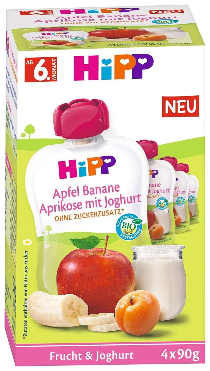 Hipp Organic Frutas y Yogur Manzana Plátano Albaricoque con Yogur 4 x 90 g, pack de 4 (4 x 4 x 90 g) Madre e Hijo Naty Shop