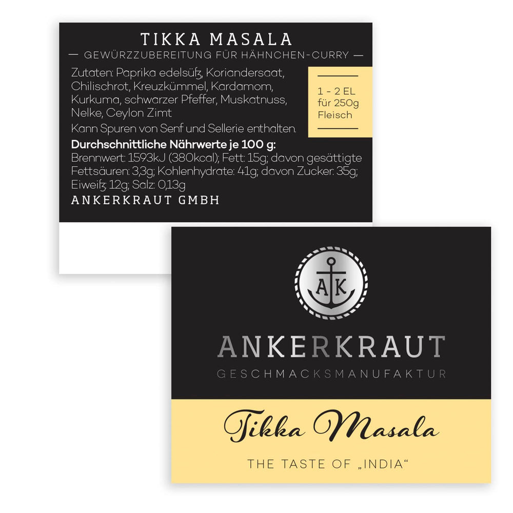 Ankerkraut Tikka Masala Gewürz Indien, 70 g im Korkenglas, Lecker Curry mit Hähnchen, Gemüse, Reis Selber Zu Hause Kochen, Chicken Curry Zuckerfrei in Premium Qualität
