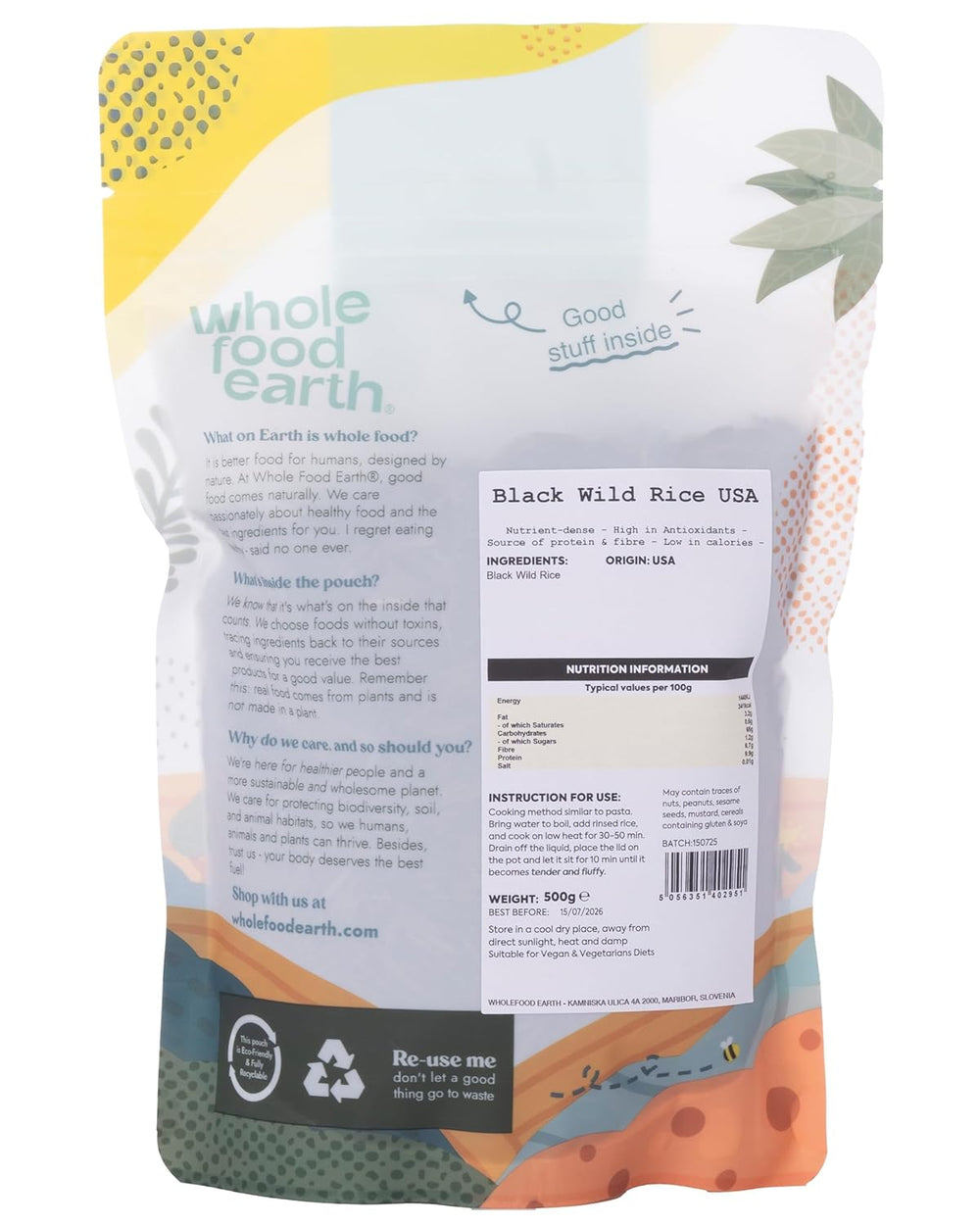 Wholefood Earth USA Arroz Salvaje Negro - Sin OGM - Natural - Vegano - Sin Lácteos - Sin Azúcar Añadido, 500g