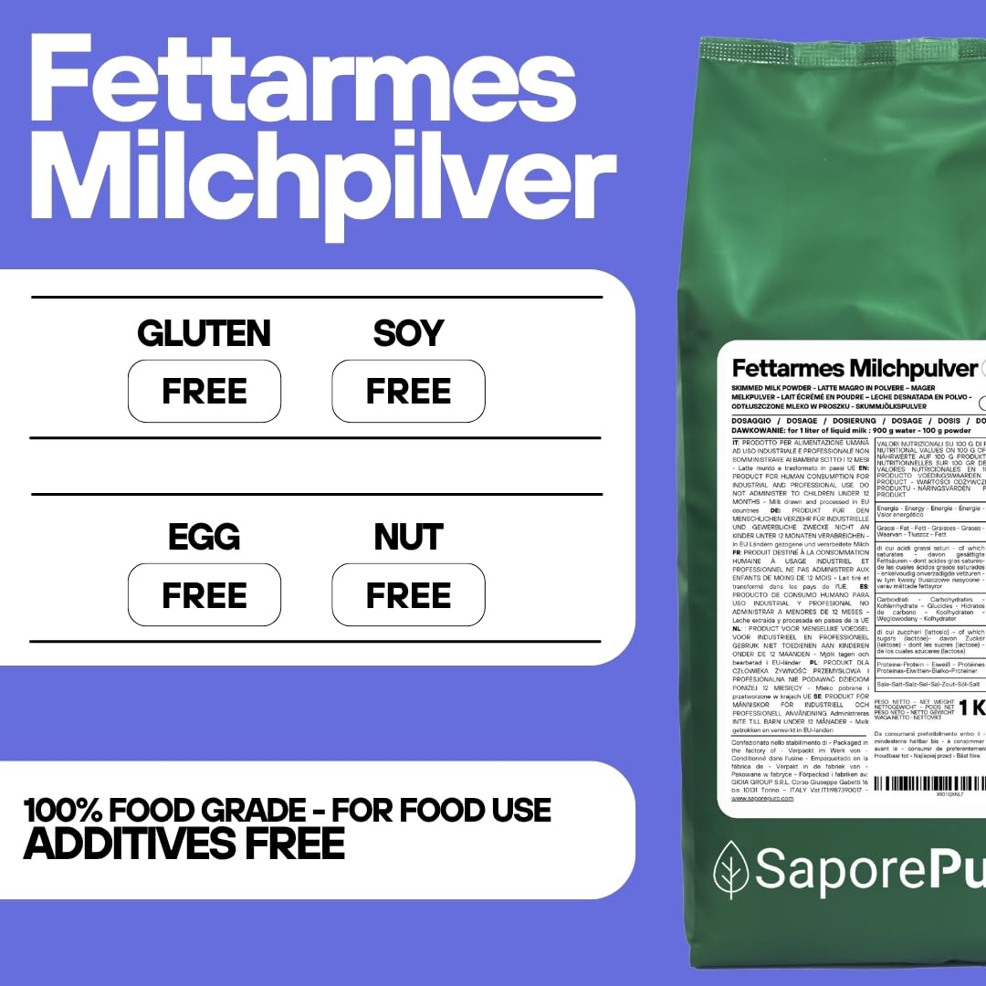 SaporePuro Leche Desnatada 1 kg - Alta Solubilidad Sin Gluten