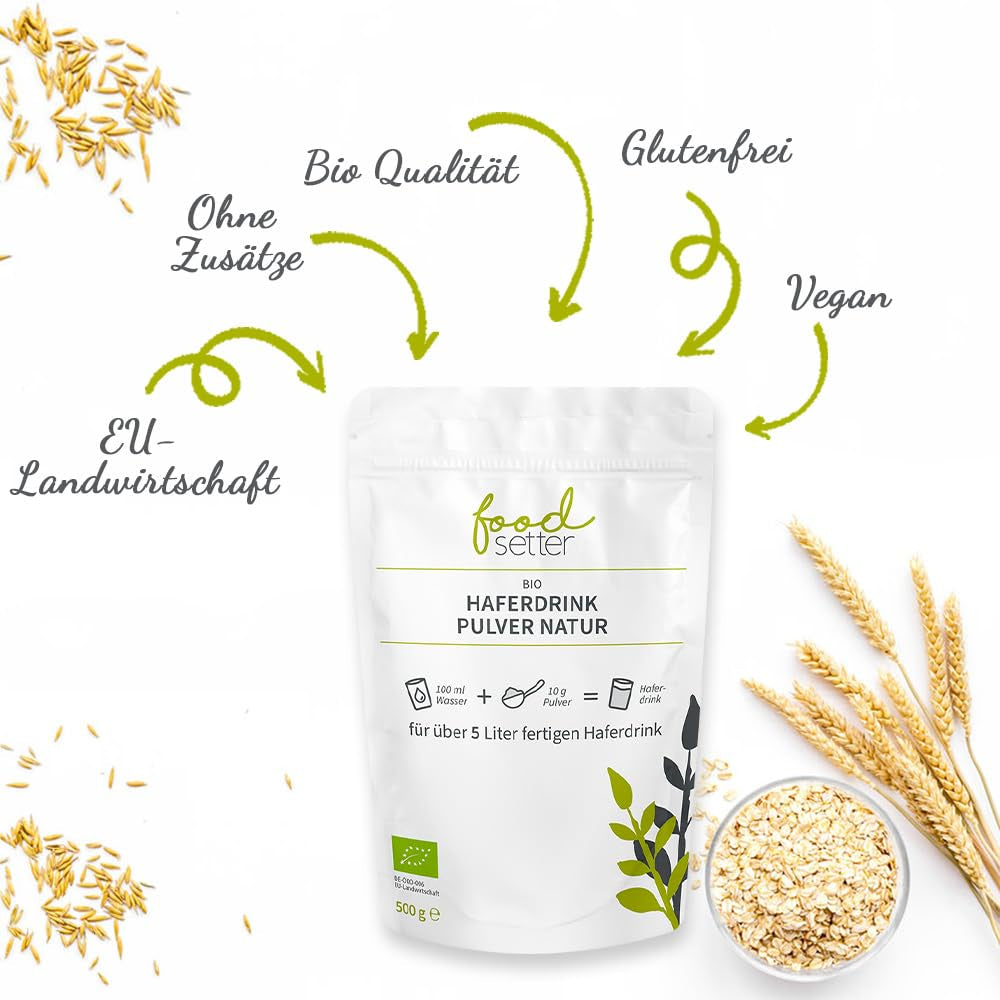 foodsetter Bio Haferdrink Pulver | Bolsa de 500 g | Haferpulver | Haferpulver instantáneo | Biocalidad | Vegano | Sin gluten | Ohne Zuckerzusatz | 0,5 kilogramos