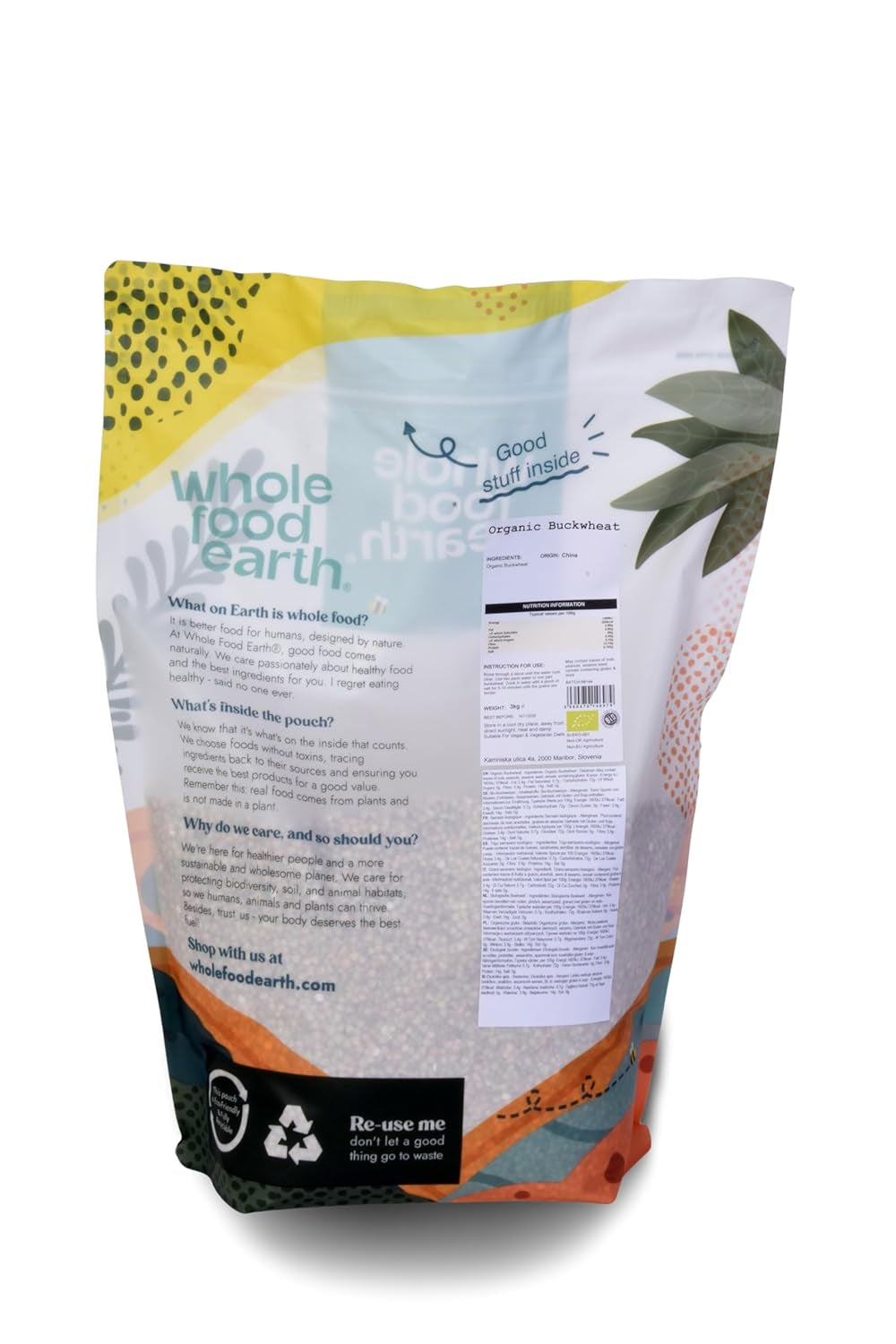 Trigo sarraceno orgánico Wholefood Earth - 3 kg - Sin OGM - Vegano - Alto en fibra - Certificado orgánico