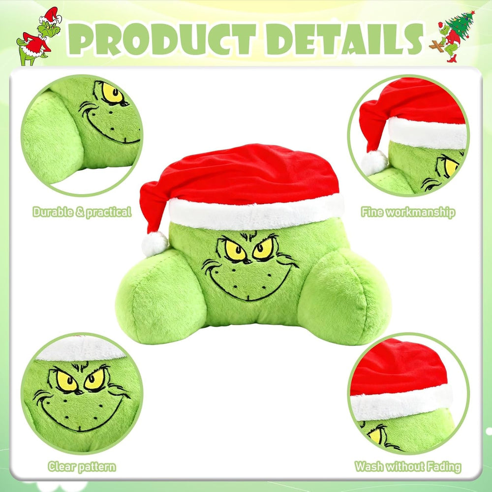 Pernă de citit yumcute Grin-ch 40 cm, pernă decorativă și pufoasă de Crăciun pentru pat și canapea, pernă ortopedică pentru spate cu brațe, cadou pentru adulți și copii, decorațiune de Crăciun
