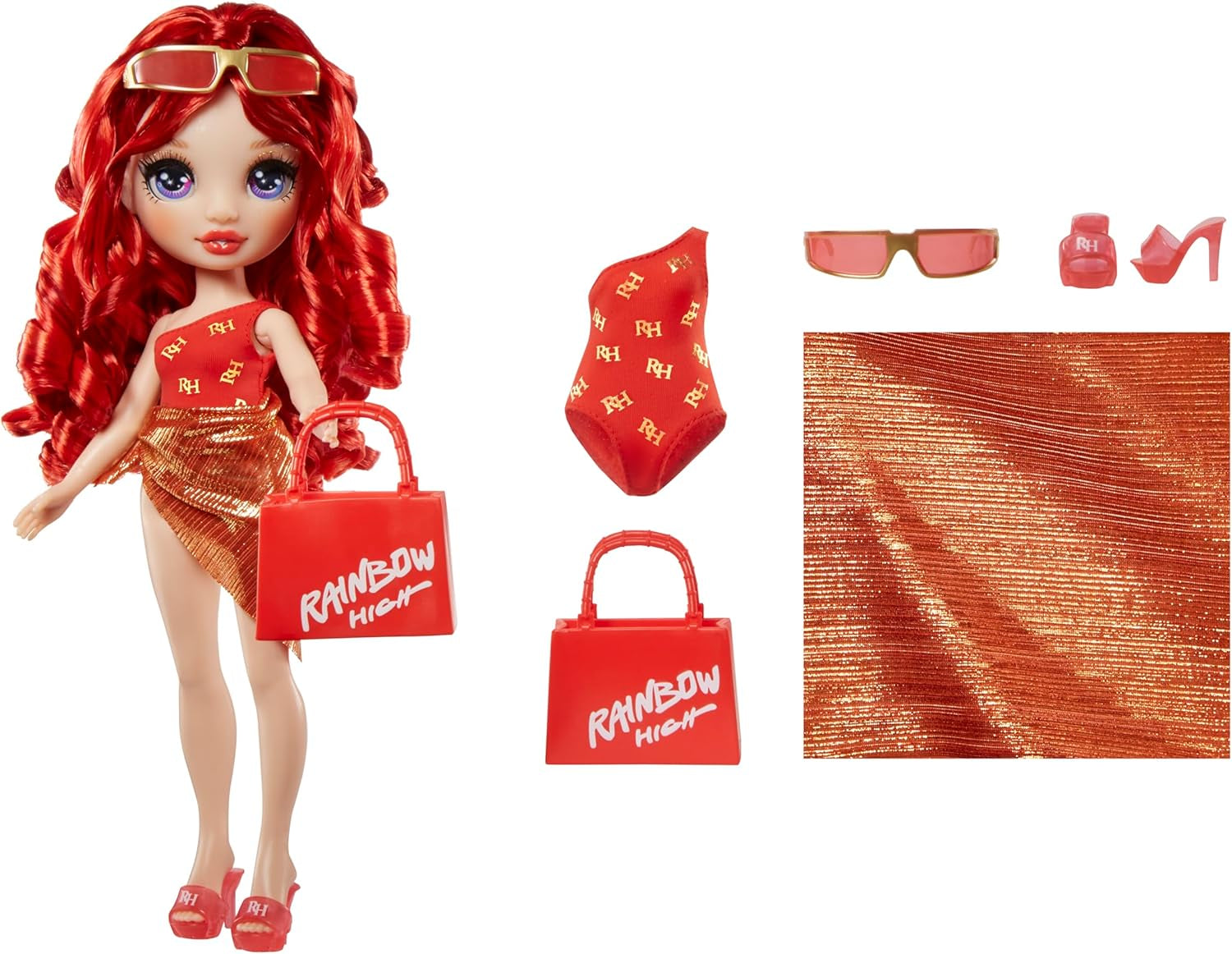 Rainbow High Swim & Style - Ruby (rojo) - Muñeca de 28 cm de altura con pareo brillante, se puede usar de más de 10 maneras - bañador extensible, sandalias, accesorios de juego - juguete - ideal de 4 a 12 años Naty Shop Dolls