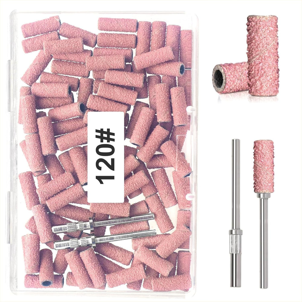 BLESWIN 100 bucăți benzi de șlefuit mici pentru burghie de unghii, granulație fină 240 cu 2 bucăți burghiu de 3 mm, mini benzi de șlefuit pentru lustruirea unghiilor naturale și curățarea cuticulelor pentru pregătire, roz