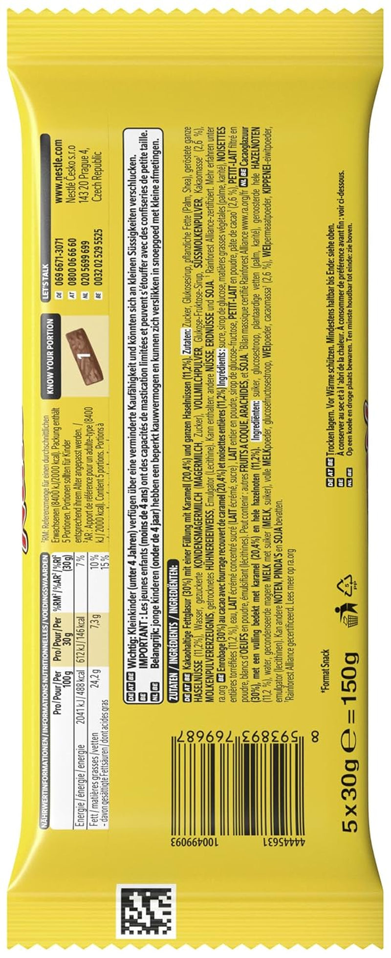 Nestlé NUTS, Barras de chocolate con avellanas y relleno de caramelo, avellanas enteras y deliciosa crema de caramelo, cubiertas de chocolate con leche, 1 paquete (5 x 30 g)