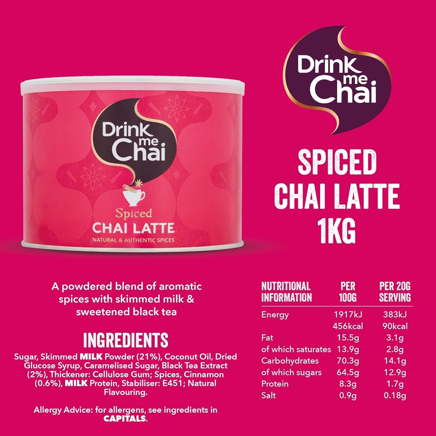 Drink Me Chai Spiced Chai Latte 1 kg (pachet de 1) - doar adaugă apă, pudră Chai Latte (50 porții)