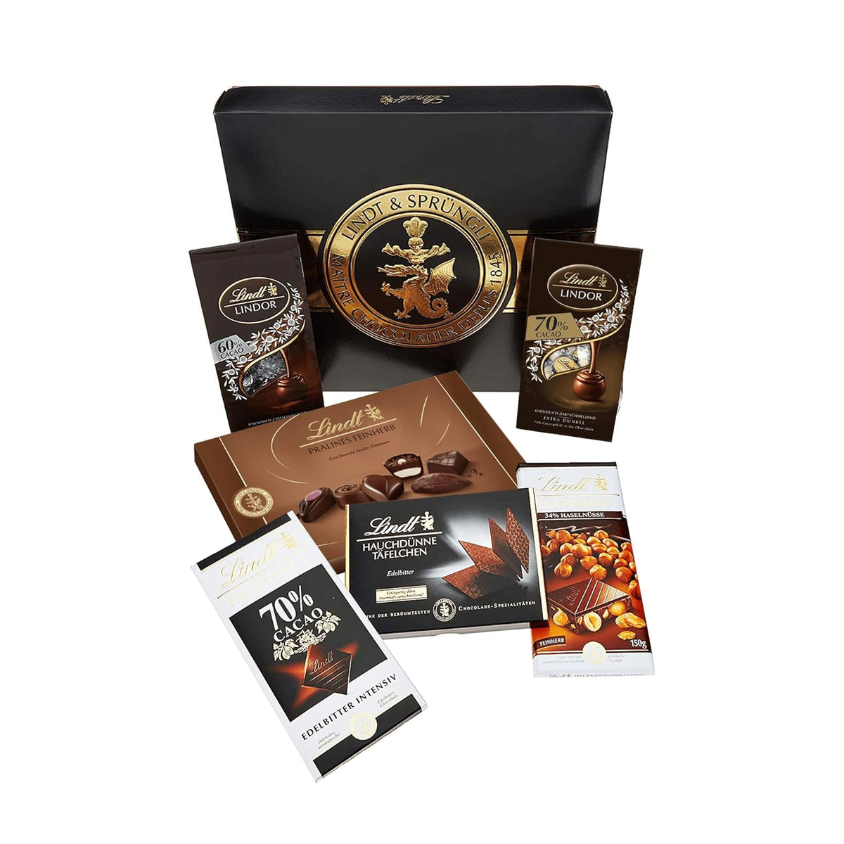 Juego de chocolate amargo Lindt | 847 gramos | Set de 6 especialidades de chocolate negro Lindt (barras, LINDOR, bombones) desde semidulce hasta extra oscuro | Paquete a granel | regalo de chocolate