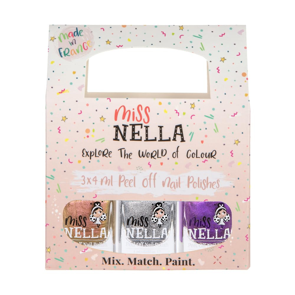 Miss Nella Magic Collection Juego de 4 esmaltes de uñas con purpurina: rosa, rojo, dorado y azul, esmalte de uñas extraíble especial para niños, no tóxico, a base de agua, inodoro