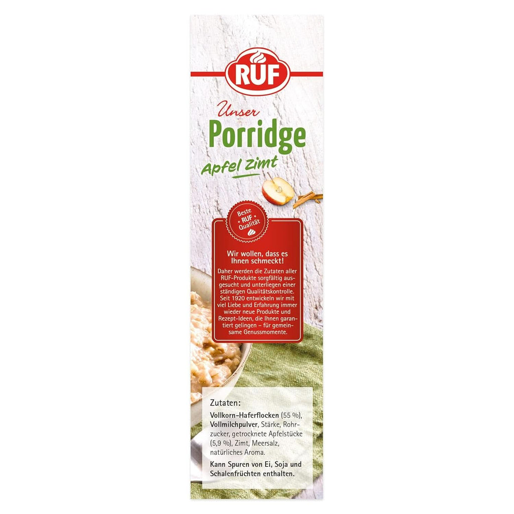 RUF Porridge Apple Cinnamon, cu fulgi de ovăz integral, aromă fină de scorțișoară și bucăți de mere uscate, 400 grame Cereale Naty Shop