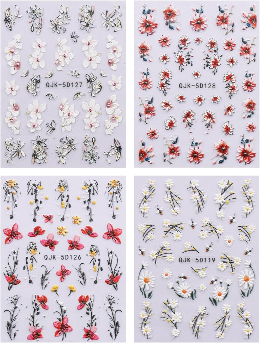 JMEOWIO 3D Nagelsticker Blumen Nail Art Sticker Selbstklebend Nagelaufkleber 5D Stereoskopisch Frühling Sommer Dekoration Nageldesign Zubehör 4 Blatt